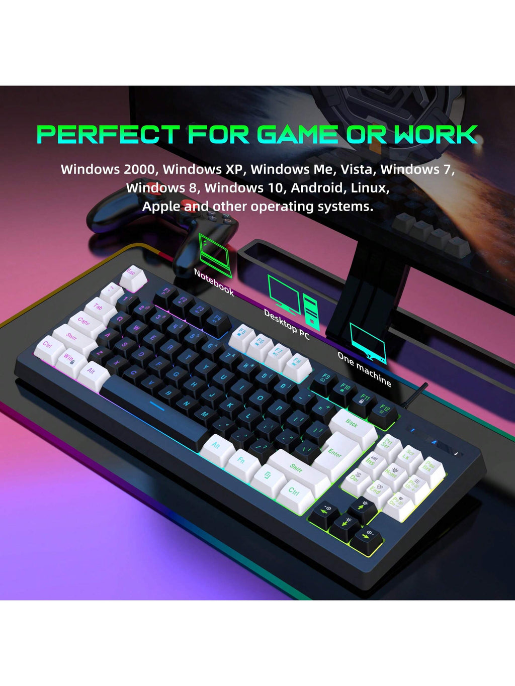 Snpurdiri Rgb Illuminated, Compact Gaming Keyboard, Usb Cable 87-Key Gaming Keyboard, Led Rainbow Backlit Keyboard, Membrane Keyboard, Suitable for Laptop, Pc Gaming, and Work Keyboard