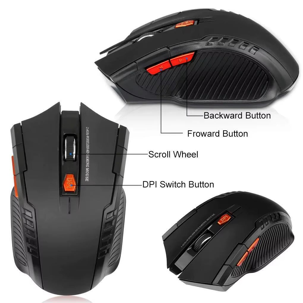 2.4G Wireless Black Mouse, Convenient Battery Powered, 1600DPI Optical Mouse, Computer Gaming Mouse with USB Receiver